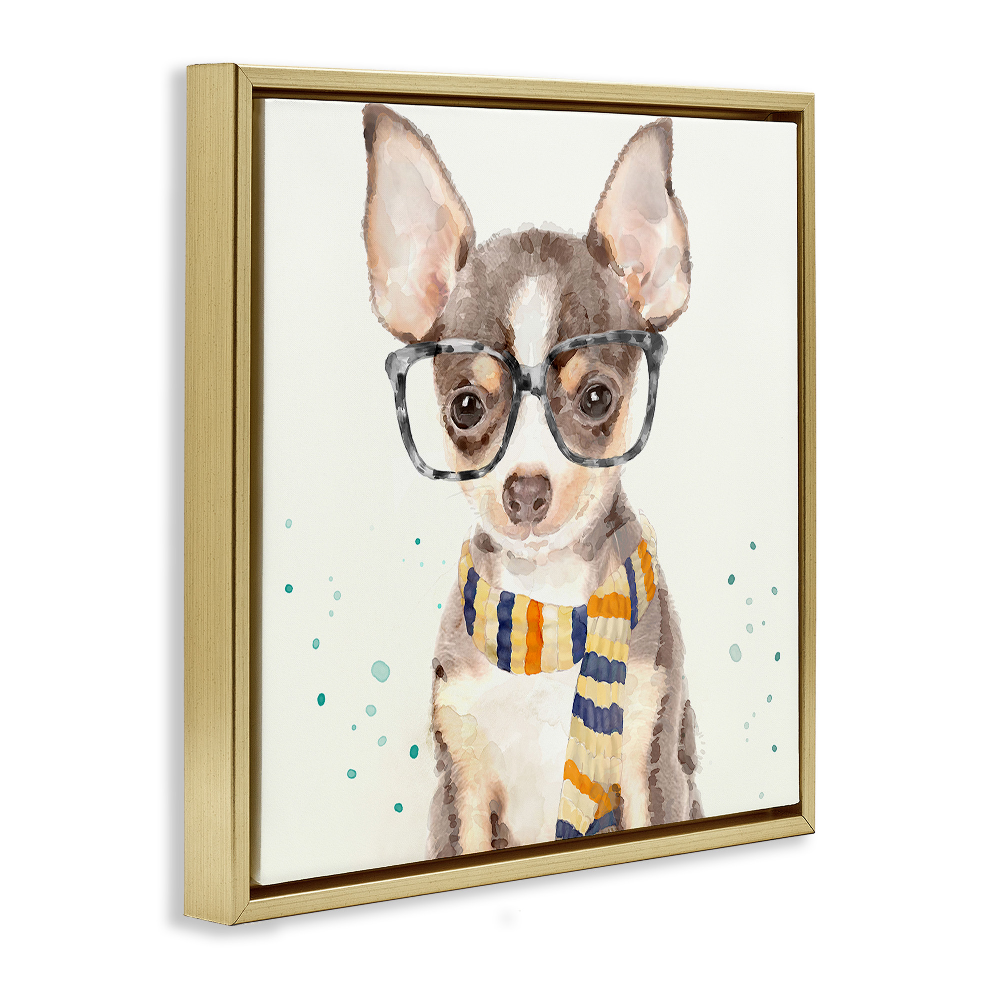 Stupell Industries Hipster Chihuahua Puppy Watercolor Animals & Insects Painting Gold Floater Framed Canvas Art Print Wall Art, 25 x 25