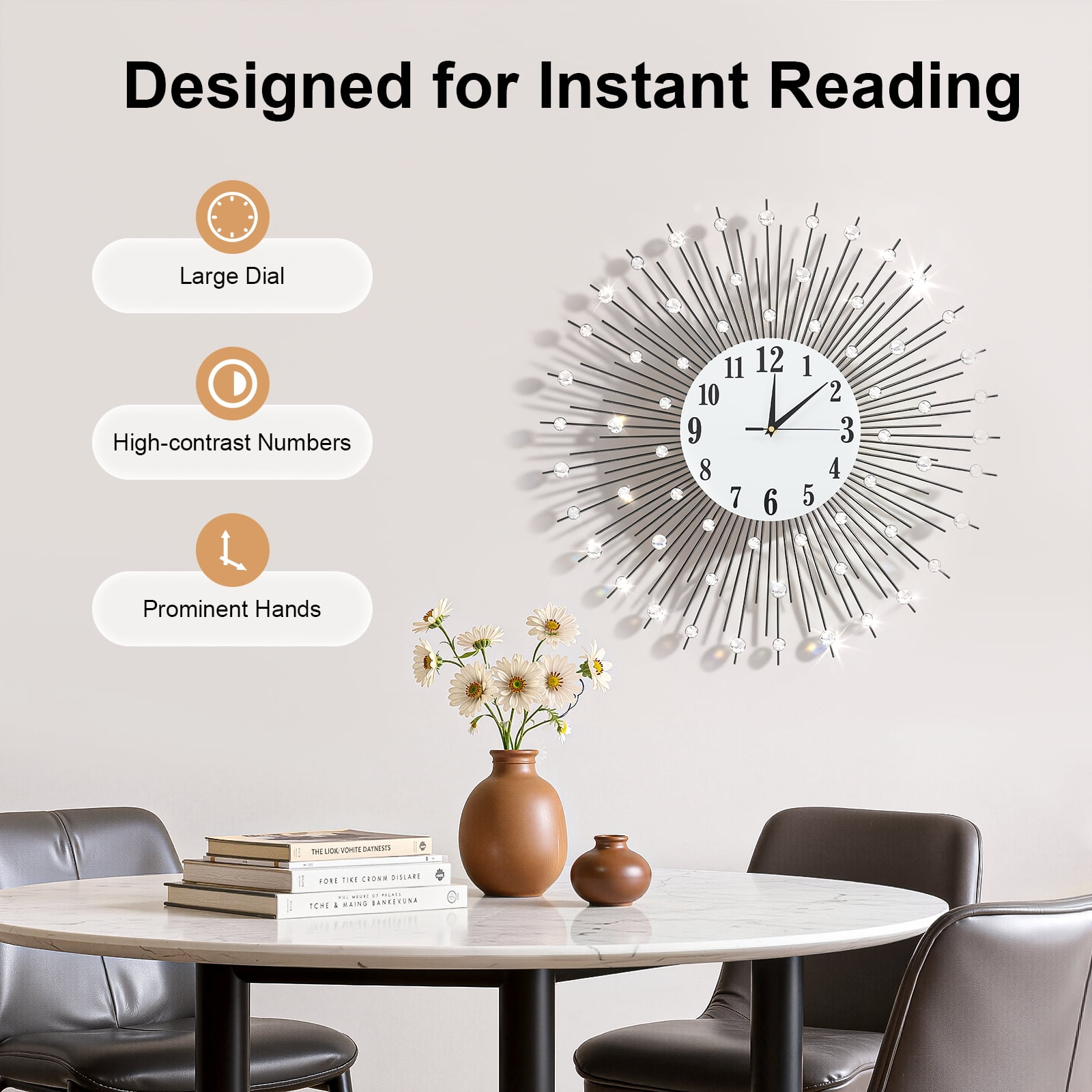 Large Wall Clock for Living Room Decor 23.6 inch Modern Big Crystal Quiet Meta Clock, Art Deco Starburst Wall Clock for Living Room Bedroom Kitchen Decorative