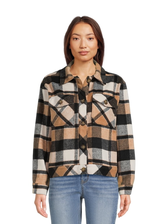 Womens Plaid Button Down Cropped Shacket, Sizes XS-XXXL