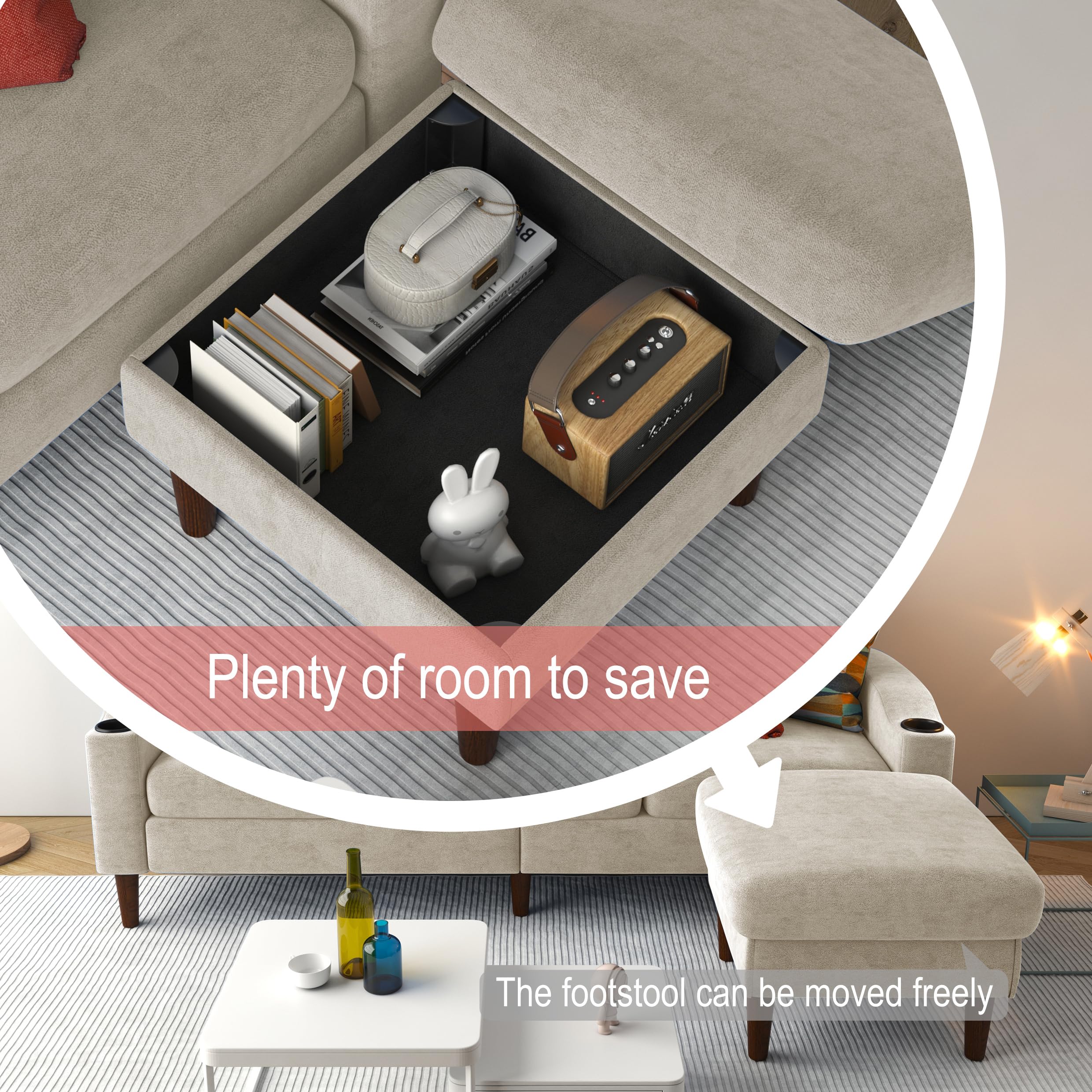 Aukfa Modular L-Shaped 3-Seater Sectional Sofa with Storage Ottoman, USB Ports and Cup Holders, 78" Couch for Living Room, Beige