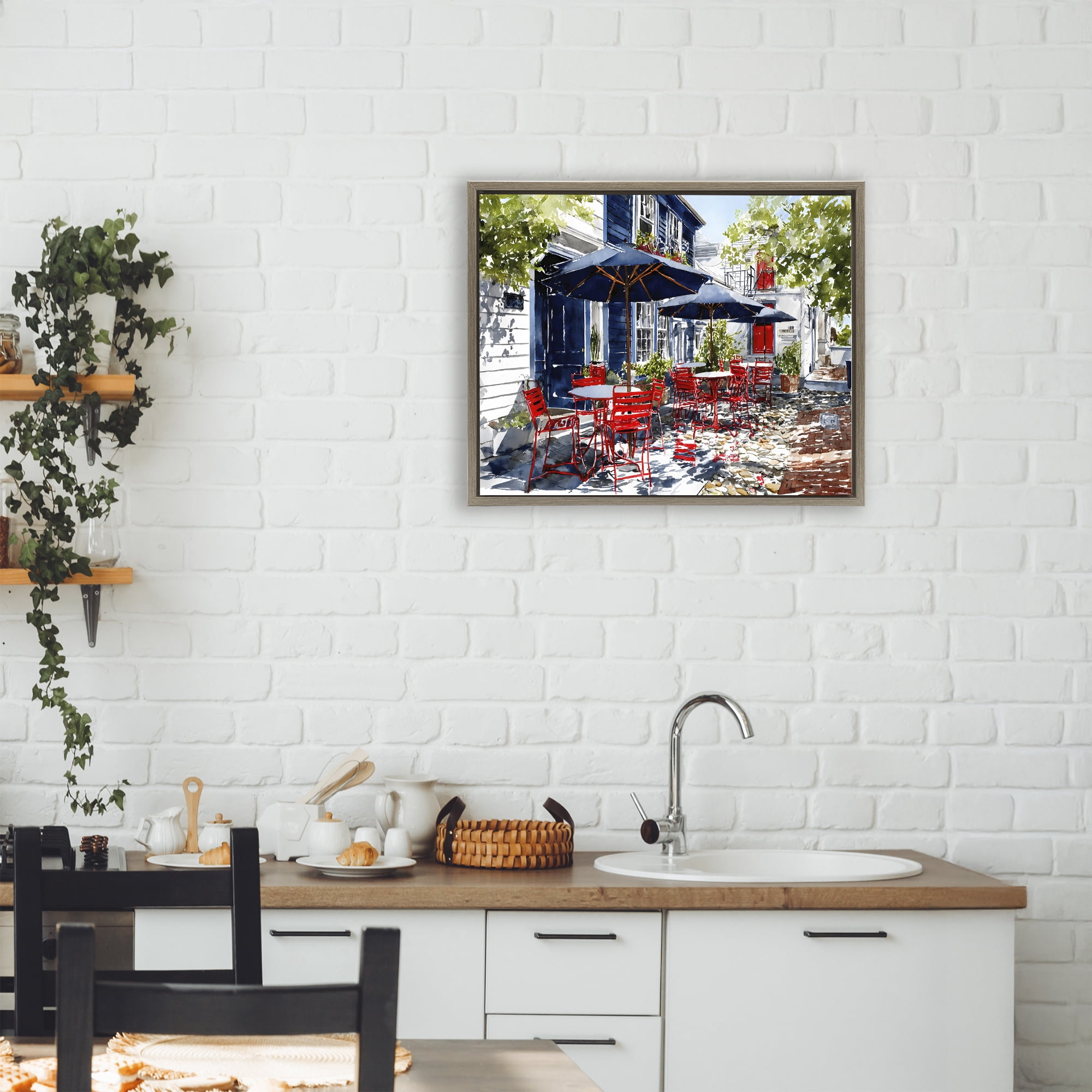 Stupell Industries Cafe Classic Red Chairs Brown Framed Floater Canvas Wall Art, design by Franklyn Gregory