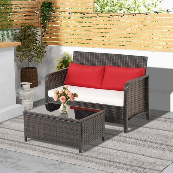 Costway 2 PCS Outdoor Patio Wicker Furniture Set with Tempered Glass Tabletop & Cushions