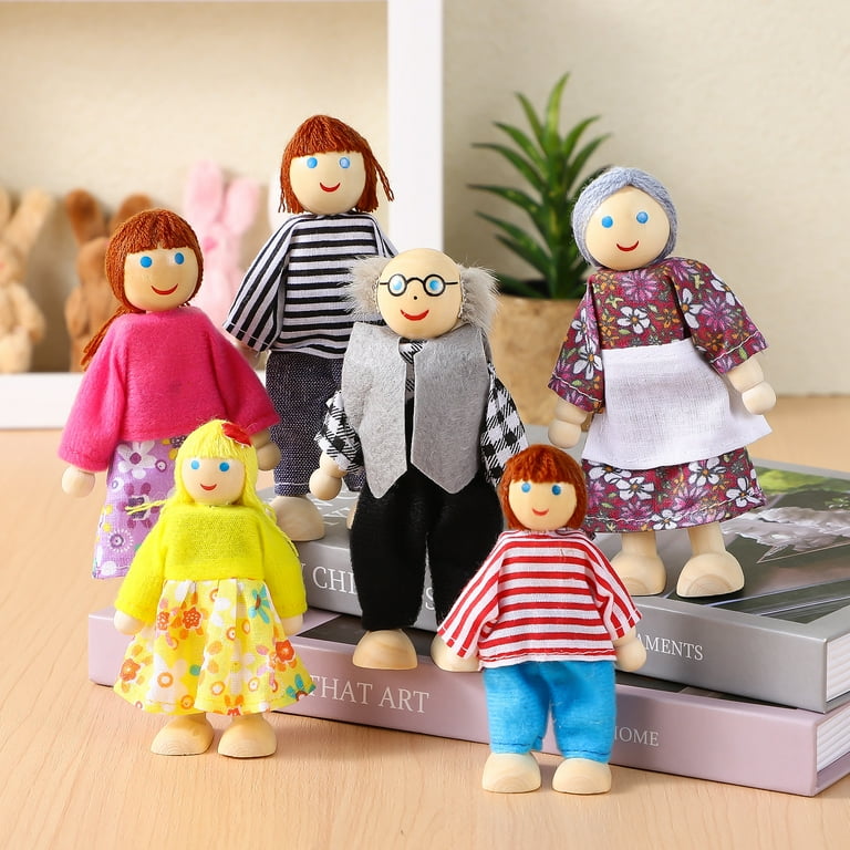 6 Pcs Doll House Figures Family Member Dolls Wooden Puppet Toys for Toddler Kids Children