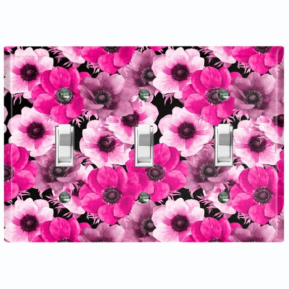Metal Light Switch Plate Outlet Cover (Flower Pink White - Triple Toggle)