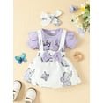 thumbnail image 3 of Baby Girl Clothes Suits Letter Elephant Print Short Fly Sleeve Romper Suspender Bib Straps Skirts Headband 3Pcs Set, 3 of 10