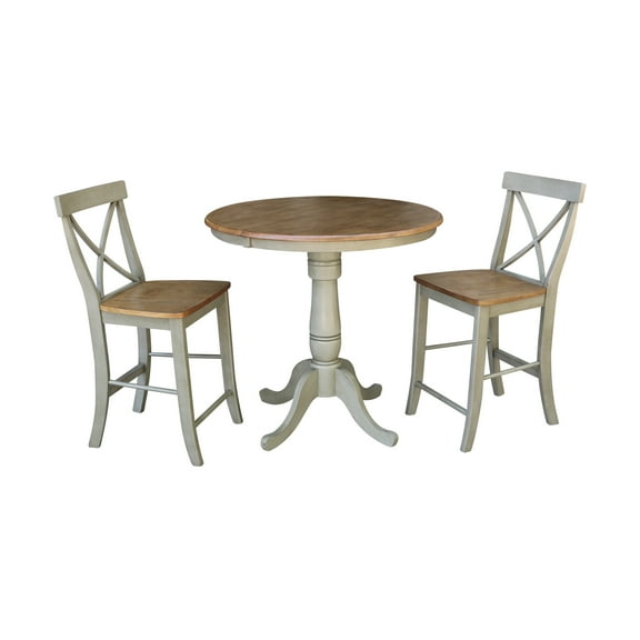 36" Round Solid Wood Extension Dining Table With 2 Cross Back Counter Height Stools in Distressed Hickory/Stone by International Concepts