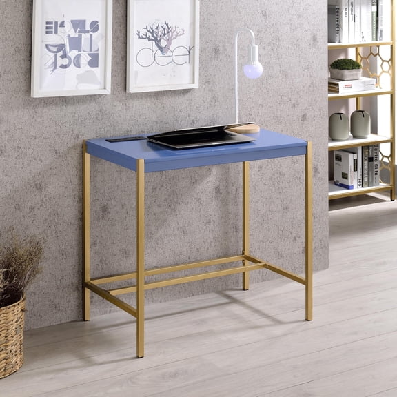 Belzie Metal Writing Desk with USB Ports, Blue