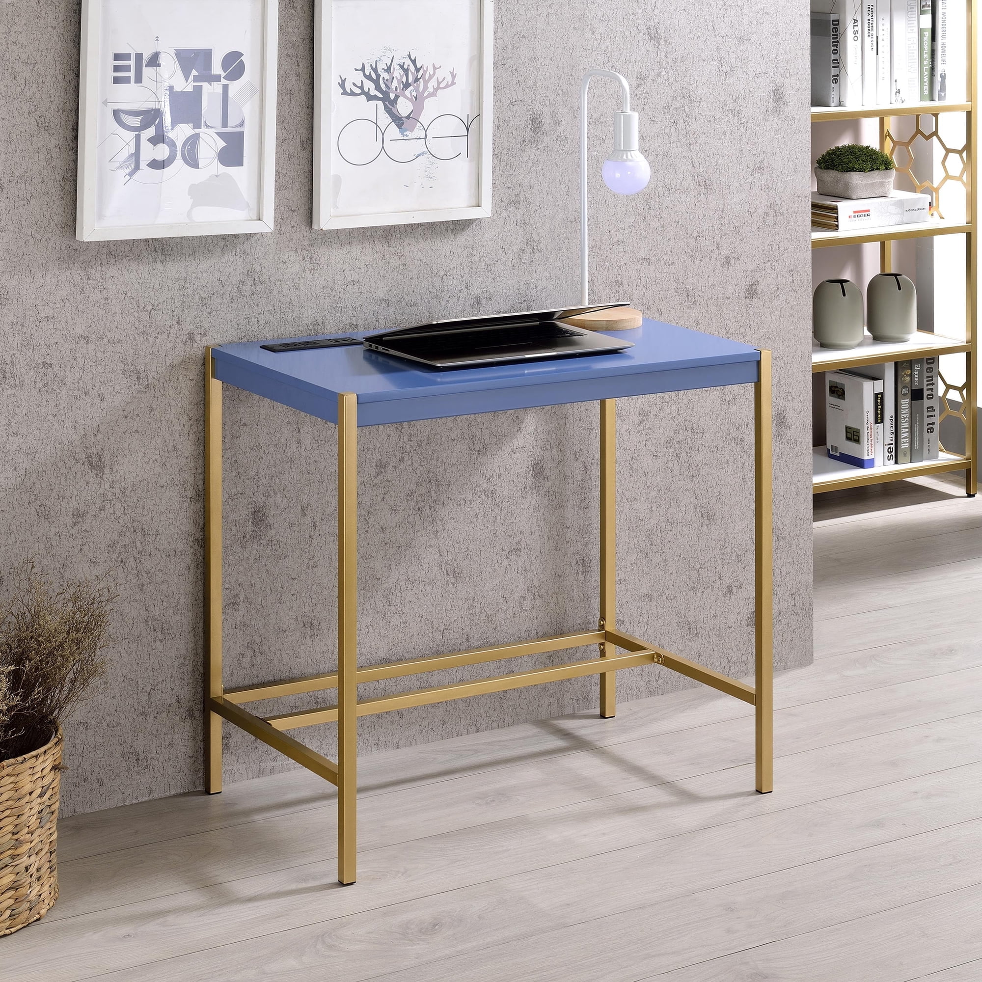 Belzie Metal Writing Desk with USB Ports, Blue