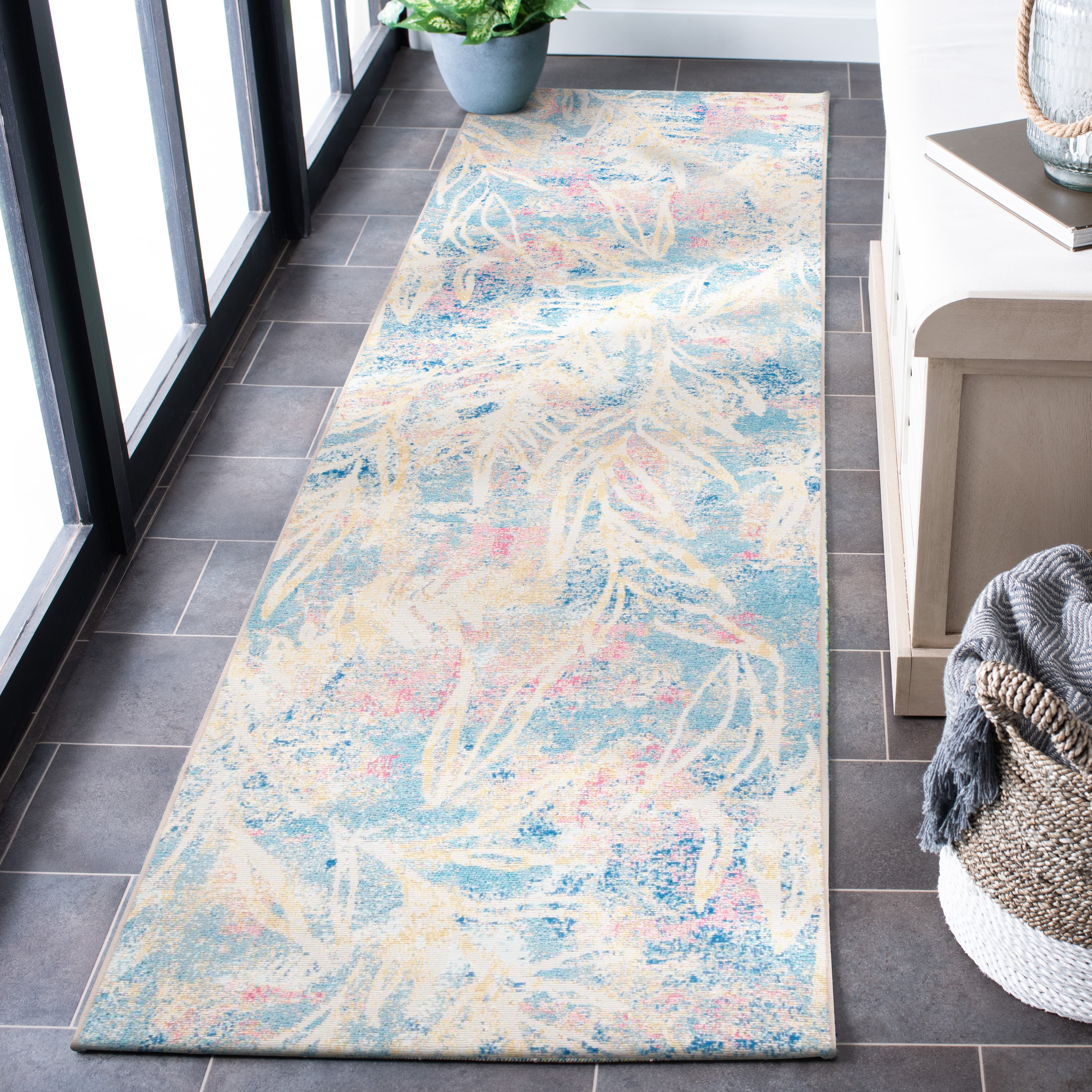 SAFAVIEH Barbados Tobon Botanical Indoor/Outdoor Runner Rug, Light Blue/Ivory, 2'8" x 8'
