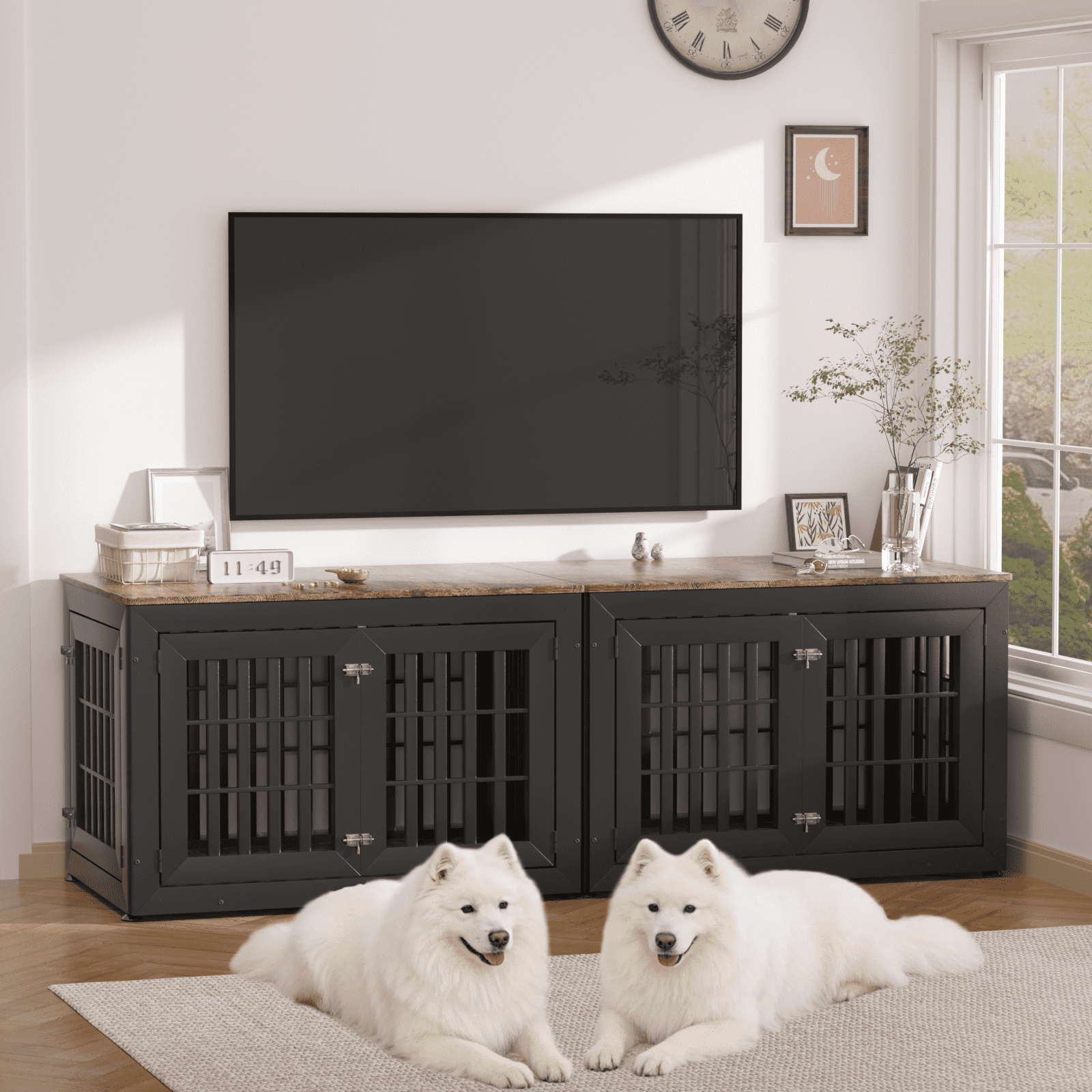 Snuowu 42" Heavy Duty Dog Crate Furniture for Small,Medium and Large Dogs,Rustic Wooden Dog Cage Kennel Indoor Furniture with Waterproof Top,Decorative Pet House Side End Table (Black & Wood)