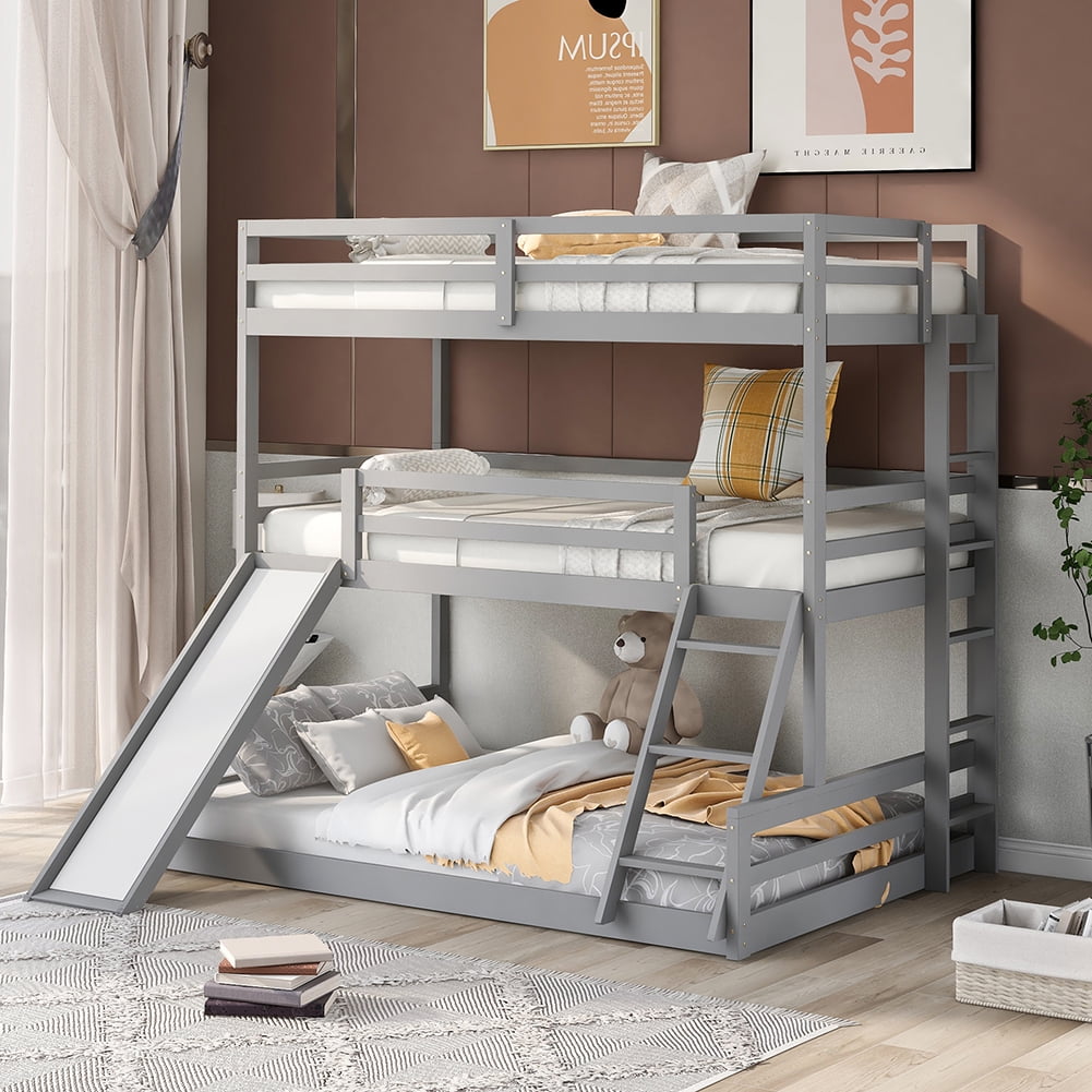 Kadyn Twin over Twin over Full Triple Bunk Bed with Convertible Ladder and Slide,Gray