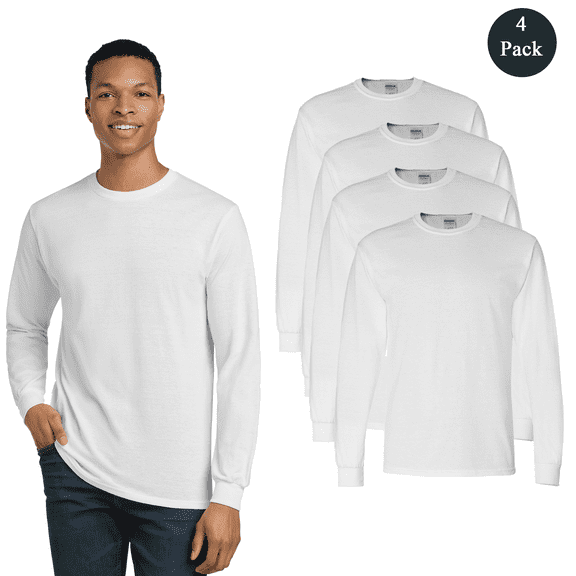 Gildan Men's DryBlend 50/50 Long Sleeve T-Shirt, Durable Crew Neck Classic Tee, White, 4-Pack, S