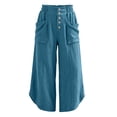 thumbnail image 4 of Oksale Boho Pants for Women Petite Pull On Cozy Cotton Pants with Pockets Elastic High Waist Summer Casual Pants Loose Wide Leg Trousers Blue M, 4 of 7