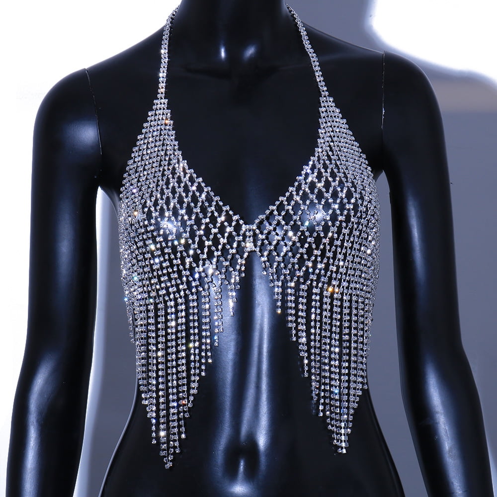 Mesh Body Strap Breast Chain Bra Top Rhinestone Crystal Lingerie