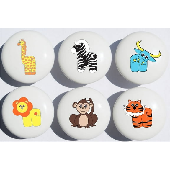 Safari Drawer Pulls Knobs Multicolored Set of 6  Jungle Ceramic Drawer Knobs Children's Nursery Decor with Zebra, Monkey, Tigers, Lion, Water Buffalo and Giraffe