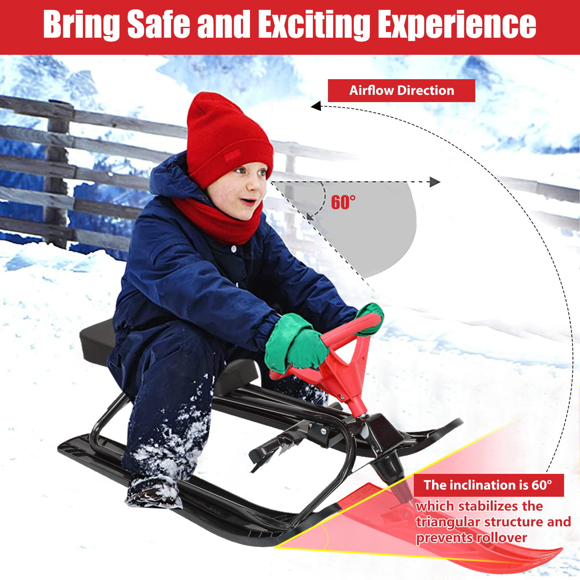 Bonnlo Snow Racer Sled, Steering Ski Sled Slider W/Steel Frame, Pull R —  KOL TRAVEL