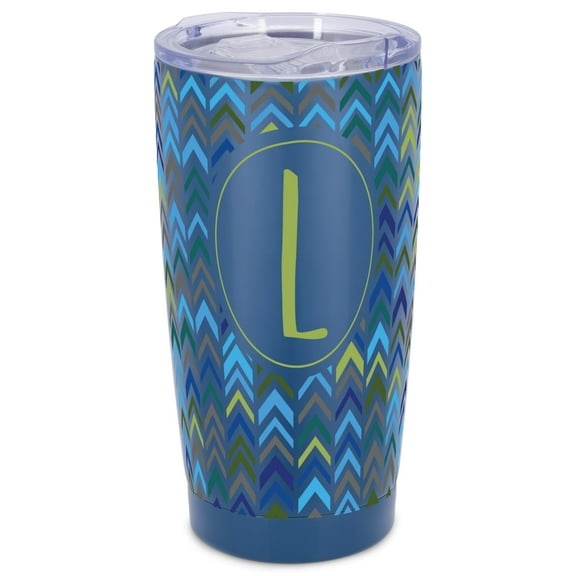 Elanze Designs L Monogram Herringbone Arrows Wrap-Around Design 20 Ounce Stainless Steel On-The-Go Coffee Mug, Thermal Travel Tumbler with Leak Resistant Slide Lid, Navy Blue