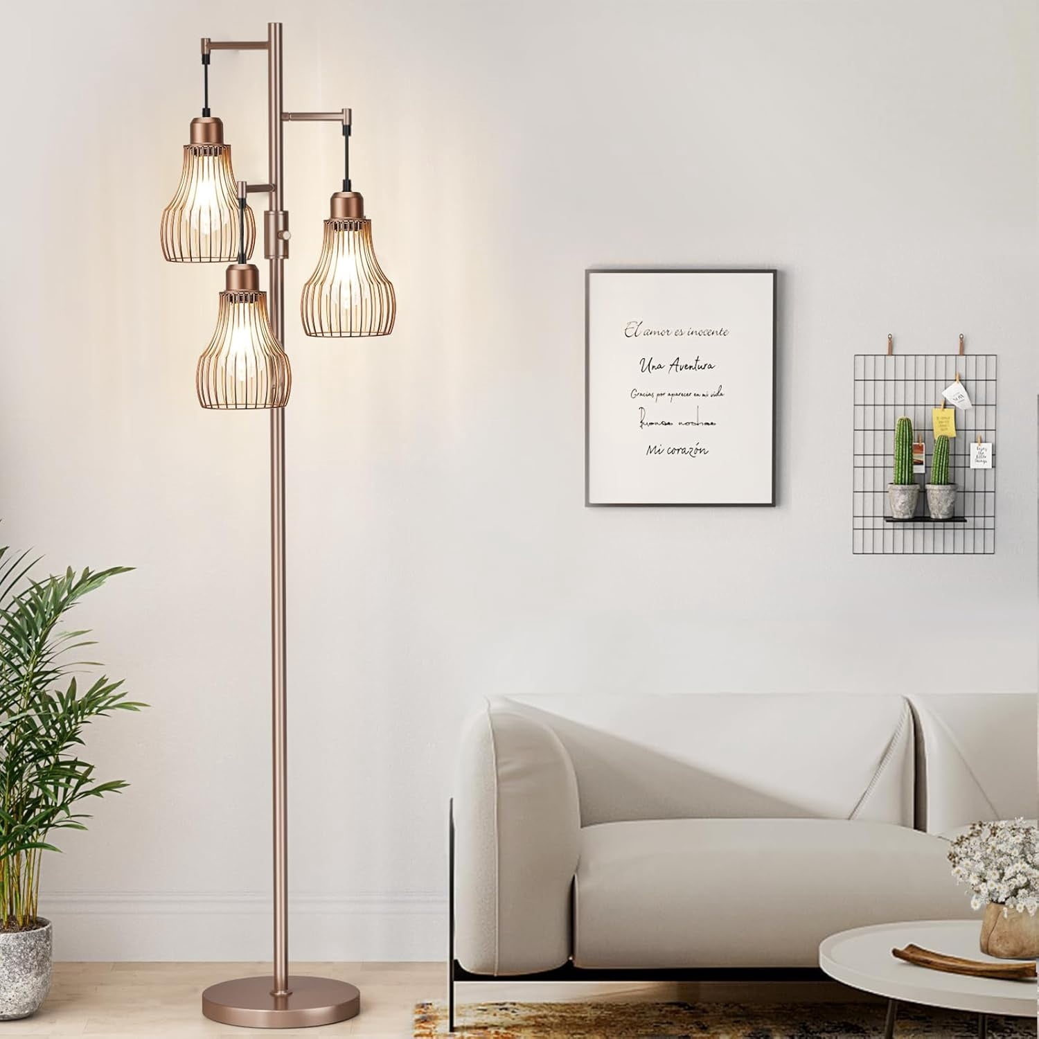 Floor Lamps for Living Room, Industrial Tree Standing Tall Lamps with 3 Elegant Cage Shade & 800 Lumens LED Bulbs for Bedroom Office - Brown