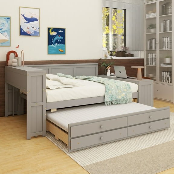 Full Size Daybed with Storage Shelves,Drawers,Trundle,Charging Station,LED Light,Desk and Cabinet,Gray