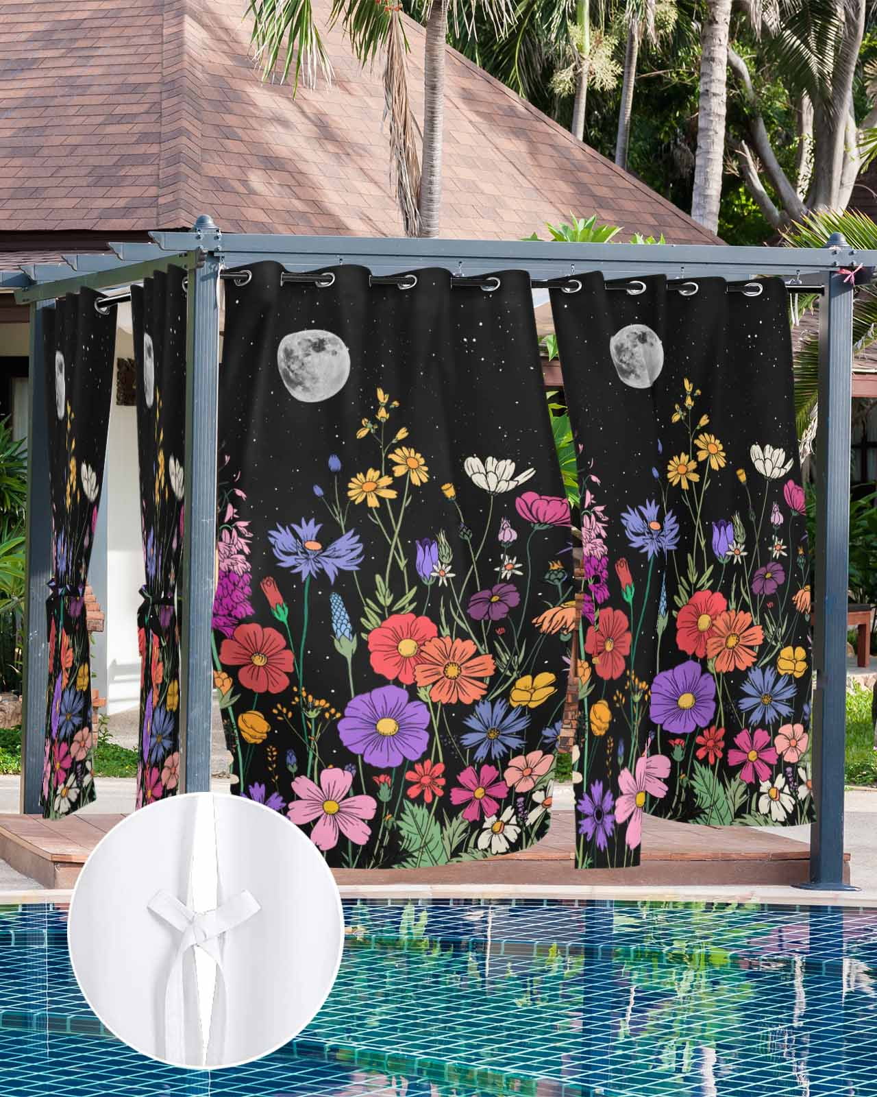 Spring Flowers Outdoor Curtains for Patio, Retro Farm Evening Country Plants Privacy Drapes Grommet Waterproof Outside Curtains for Porch/Cabana/Balcony 54"x 108", 1 Panel