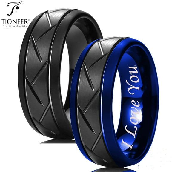 Tioneer Tungsten Carbide Zigzag Groove Tire Tread Design Comfort Fit Wedding Band Ring I Love You Engraved 8mm