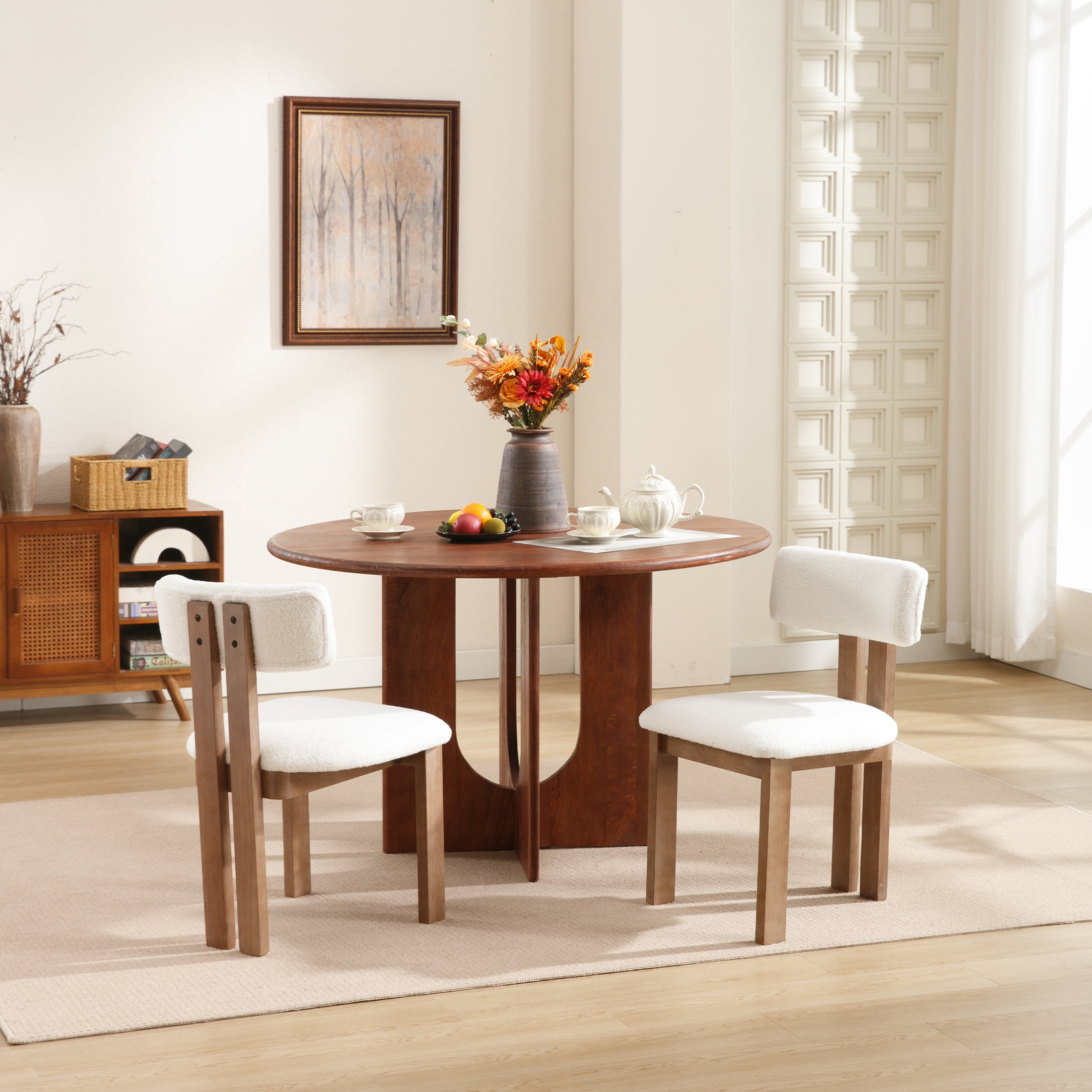 Guyou Wooden Dining Chairs Set of 2, Mid Century Modern Sherpa Upholstered Dining Side Chairs, Farmhouse Kitchen Chairs with Curved Back for Kitchen Dining Room Living Room, White