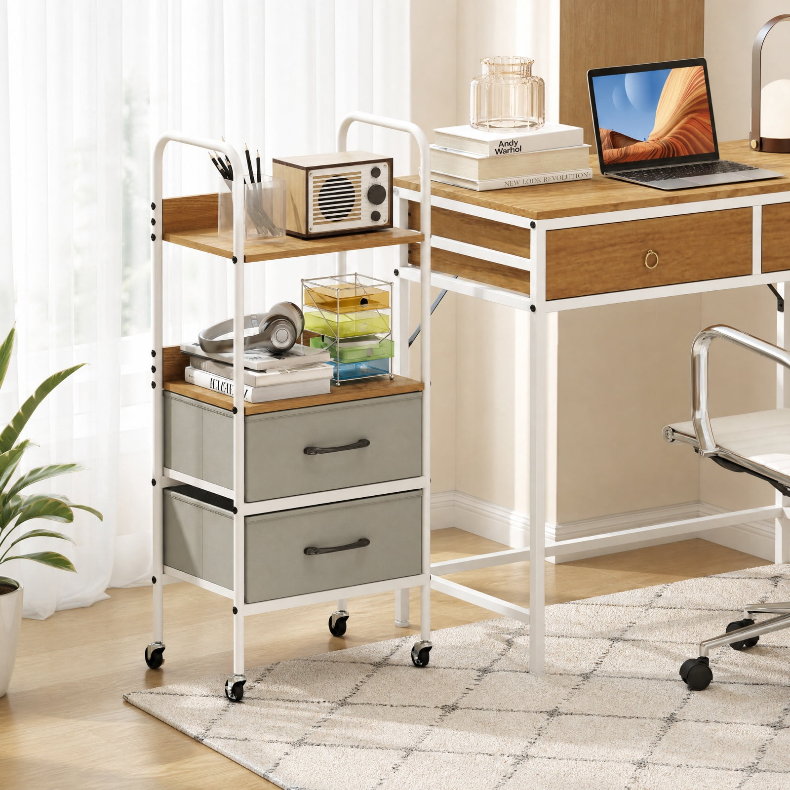 Furnibear Rolling Utility Storage Cart with 2 Open Shelves and 2 Fabric Drawers for Home Office Filing Document Letter Legal Storage, Natural