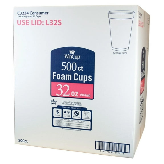 WinCup Foam Drink Cups White 32 Ounce (500 Count)