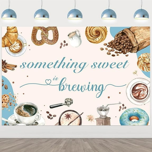 Coffee Baby Shower Decorations Blue 5 * 3ft Somethings Sweet is Brewing Backdrop Banner Decor with Coffee Bean Blue Donuts Brunch Tea Baby Shower Decor for Coffee Baby Shower Gender Reveal