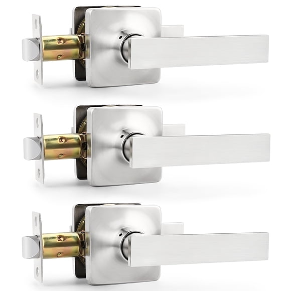 GOBEKOR 3 Pack Modern Square Door Handles Brushed Nickel Passage Door Lever Interior Door Handle Keyless Non-Locking Lever Set [for Hallway or Closet