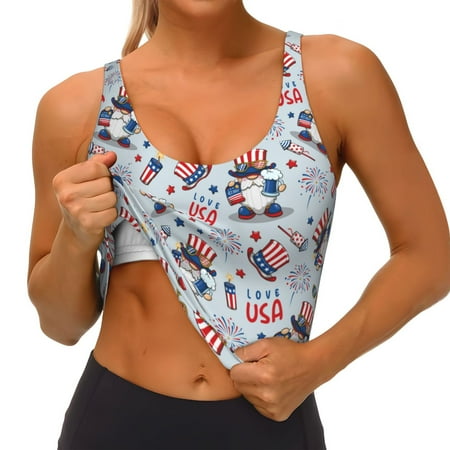 Qokaie I Love USA Pattern Womens Scoop Neck Sports Bra Breathable Workout Vest Padded U Back Medium Impact Fitness Gym Yoga Bra Workout Crop Top