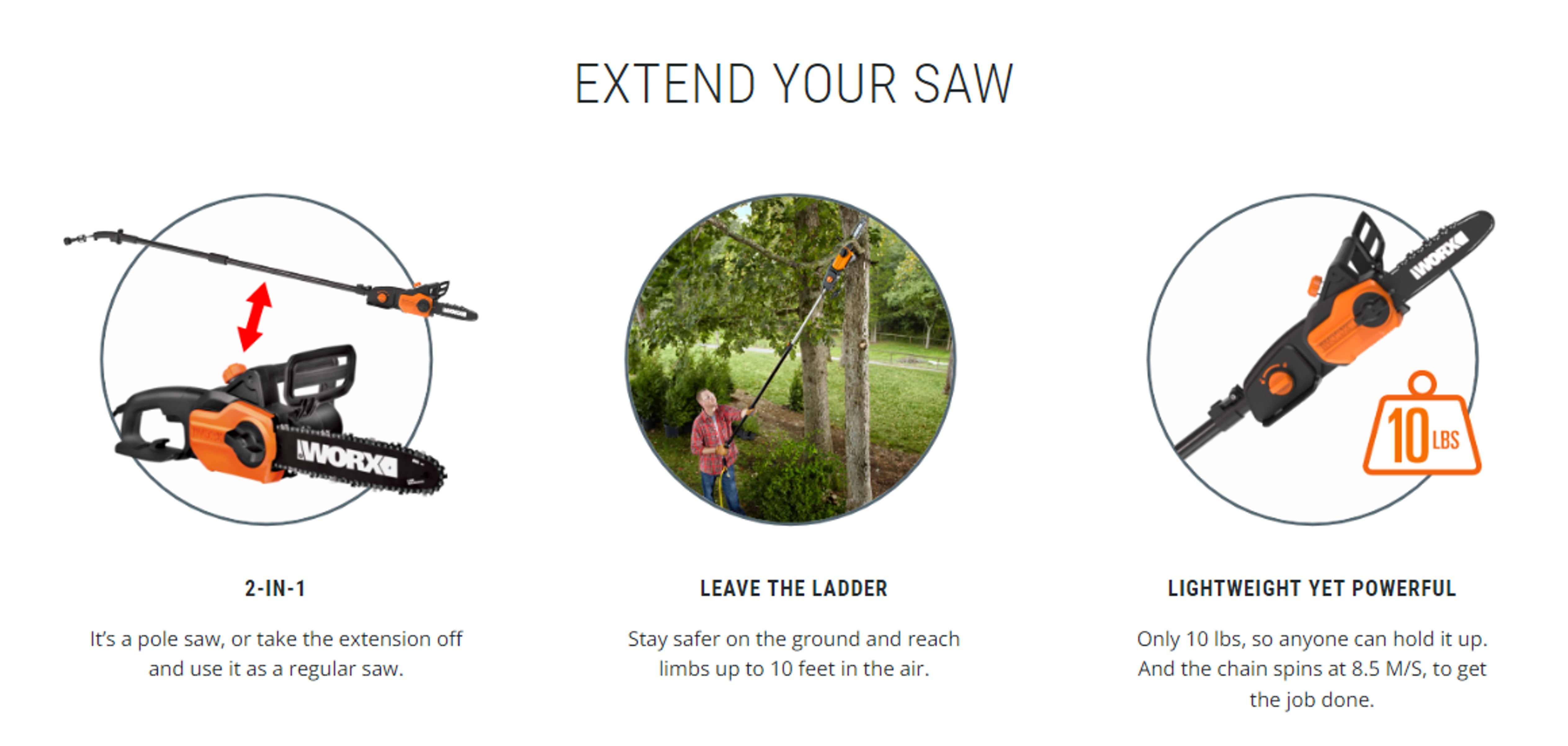 Worx WG311 10" 2 in 1 Electric Chainsaw and Pole Saw Attachment with Auto-Tension, Rotating Handle and Safety Chain Brake