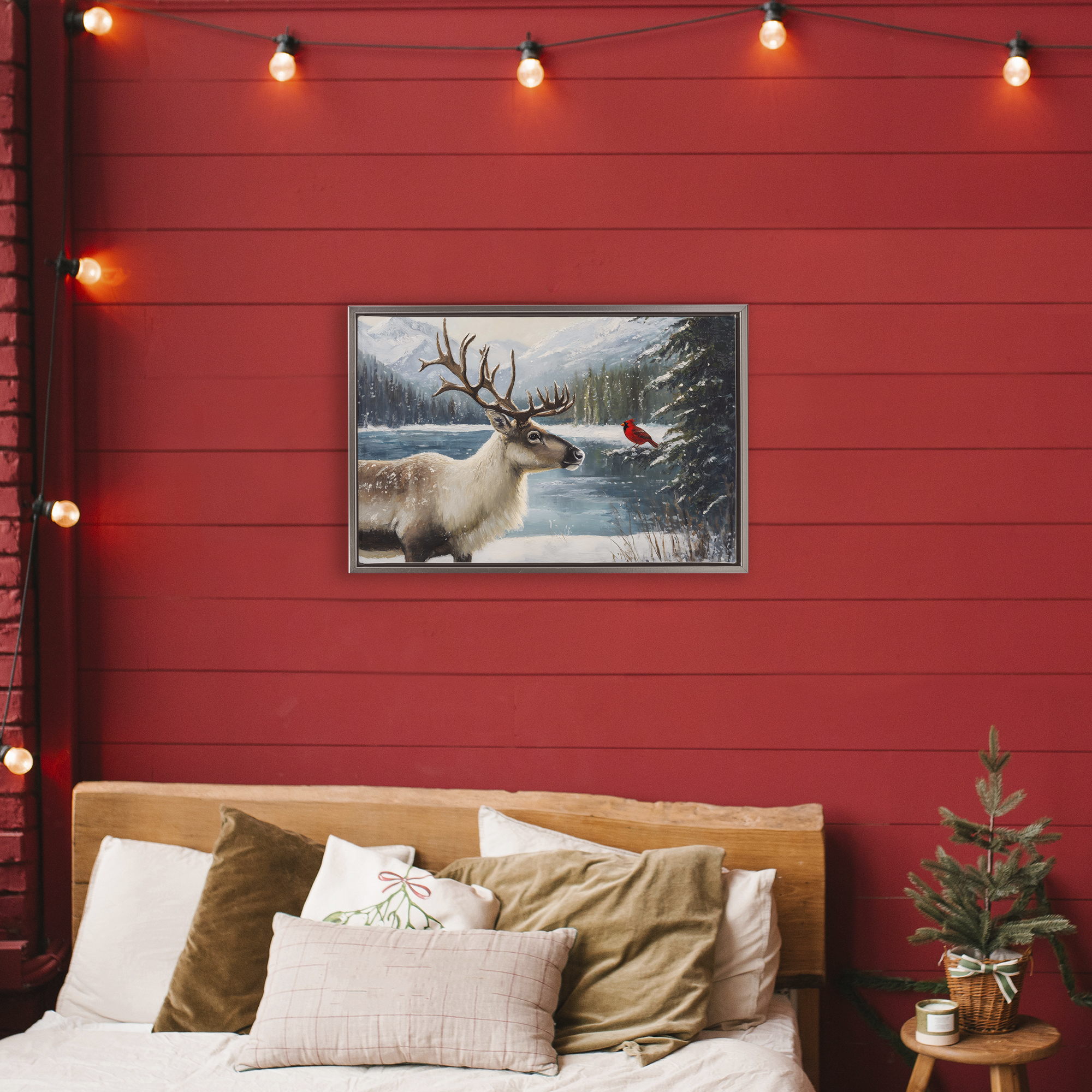 Christmas Conversation In Wild Gray Framed Floater Canvas Wall Art, design by Petal Prints Design