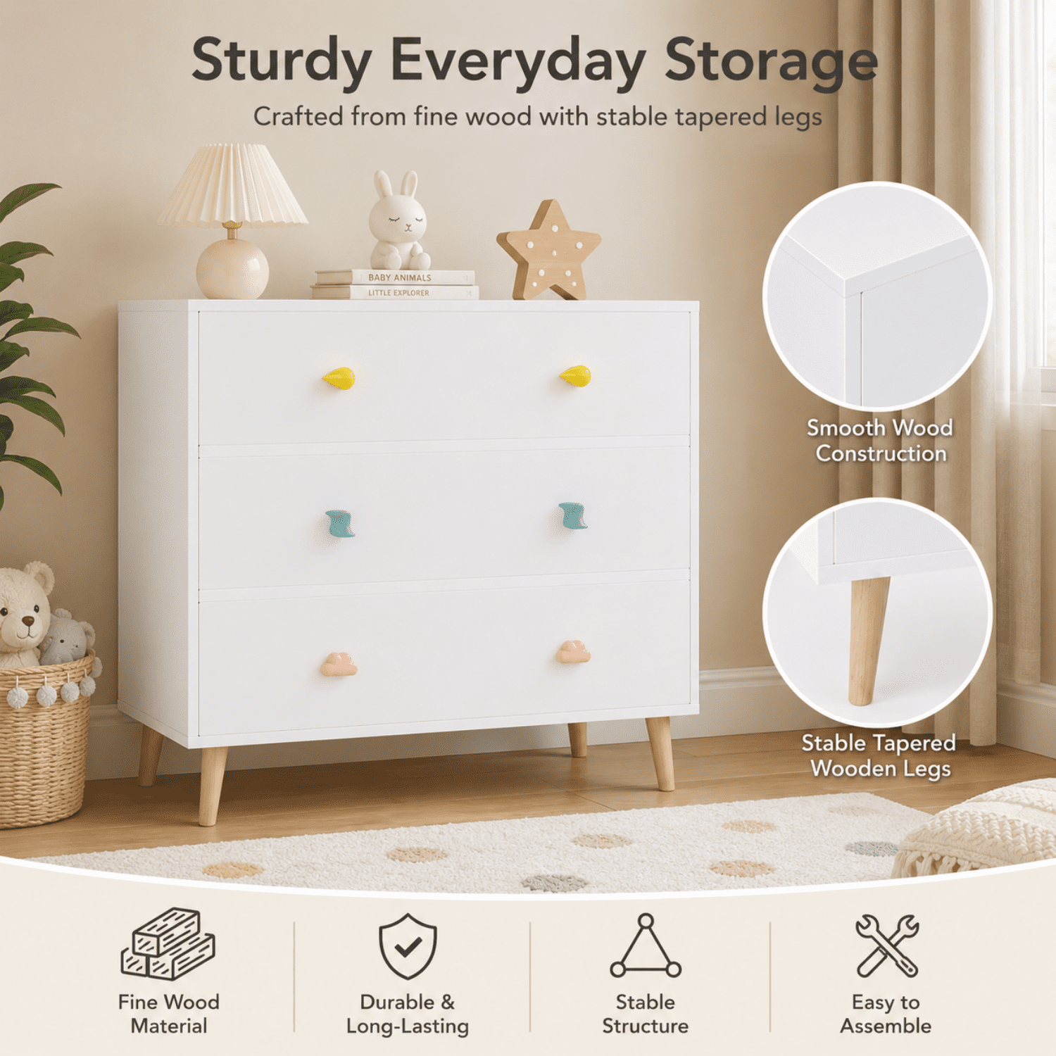 Miniyam Drawer Dresser with Glides & Safety Design for Kids Bedroom, White