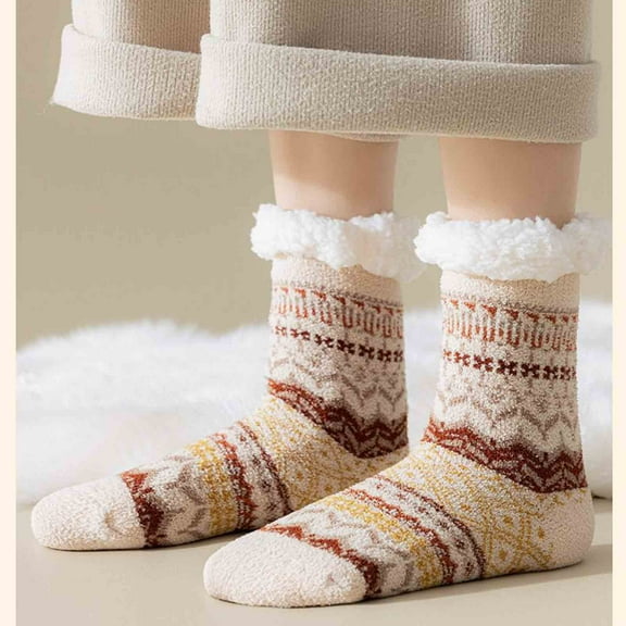 Uaswgudfs Women's Winter Warm Fuzzy Socks - Slip Resistant, Thick Soft Wool Blend, Cozy Floor Socks for Women Beige
