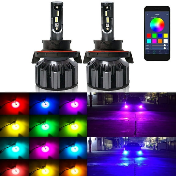 2pcs H13 9008 LED RGB Multicolor Headlight High Low Beam Light Bulbs Phone Control
