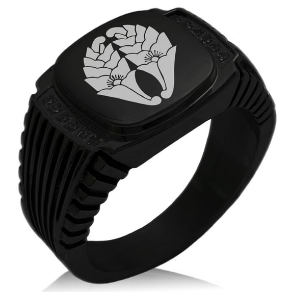 Stainless Steel Nabeshima Samurai Crest CZ Ribbed Needle Stripe Pattern Biker Style Polished Ring