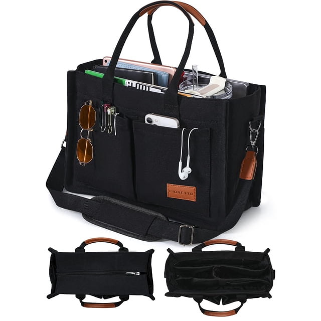 Bolso tote de lona Fioretto para mujer, correa desmontable, negro