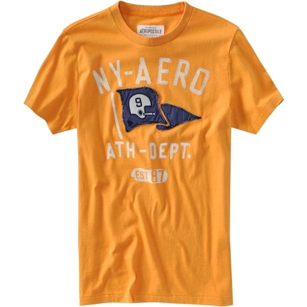 Aeropostale Playera gráfica de fútbol con bandera para hombre, naranja, pequeña Aeropostale Camiseta gráfica