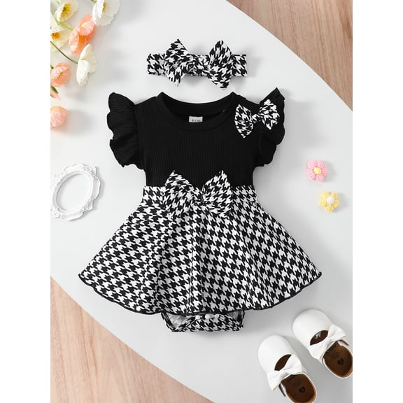 Baby Girl French Style Romper Dress with Headband, Black White Houndstooth, 0-24 Months, 2-Piece
