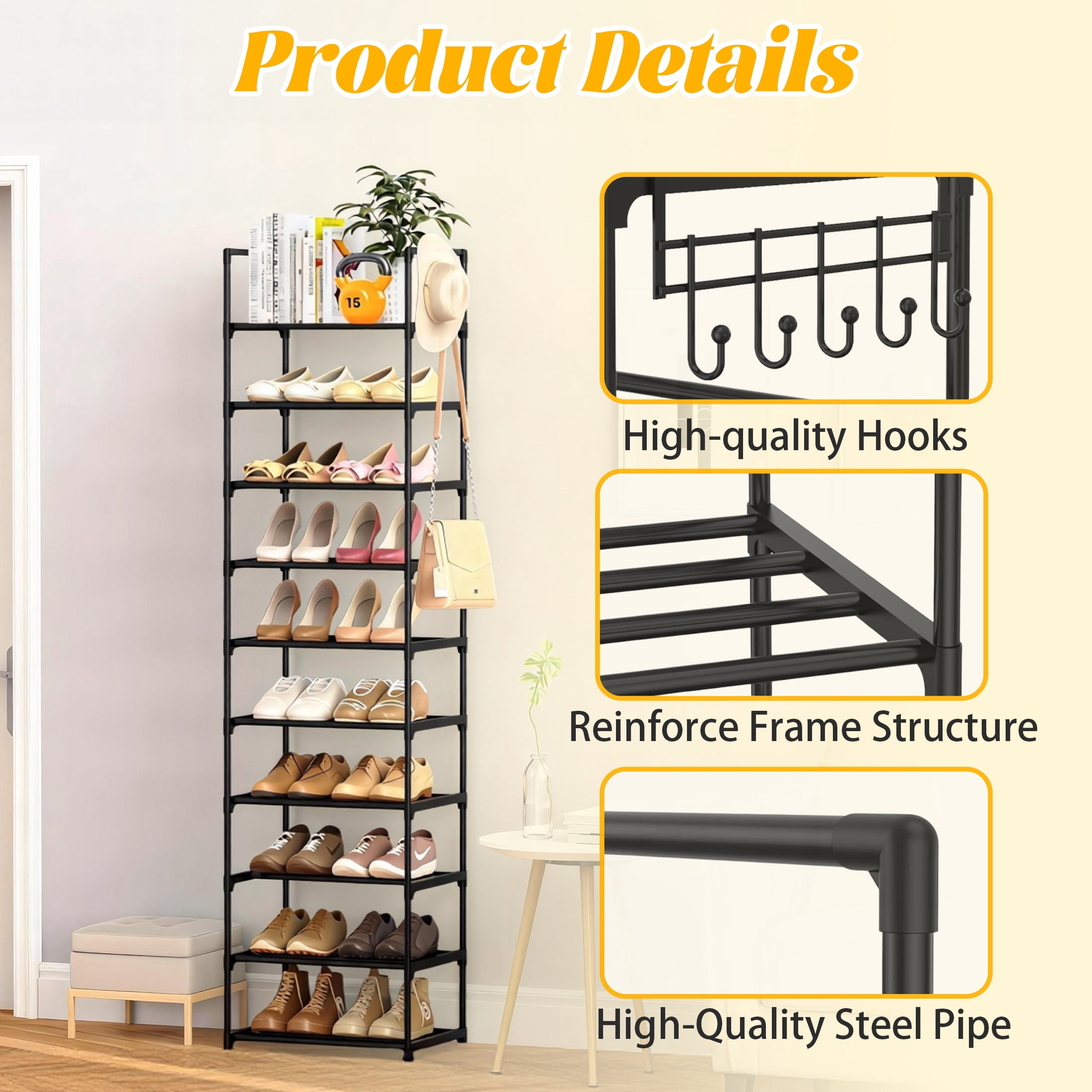 10 Tier Metal Shoes Rack, Stackable Shoe Organizer, Space-Saving Shoe Shelf Shoe Rack for Closet, Shoe Rack for Entryway and Boots Organizer