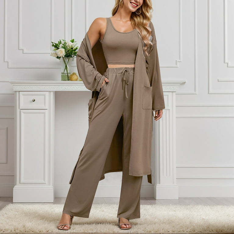 JHLZHS Pants Suits for Women Dressy Women s Solid Color Vest Long Sleeve Cape Coat Wide Leg Pants Casual Three Piece Set Pants Suit Formal Pant Suits for Women Dressy Wedding