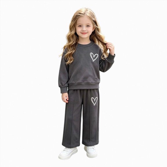 CAICJ98 Kids Toddler Girls Clothes Heart Graphic Drop Shoulder Top Pullover Pants Fall Winter Outfit Set,Size 5-6 Years