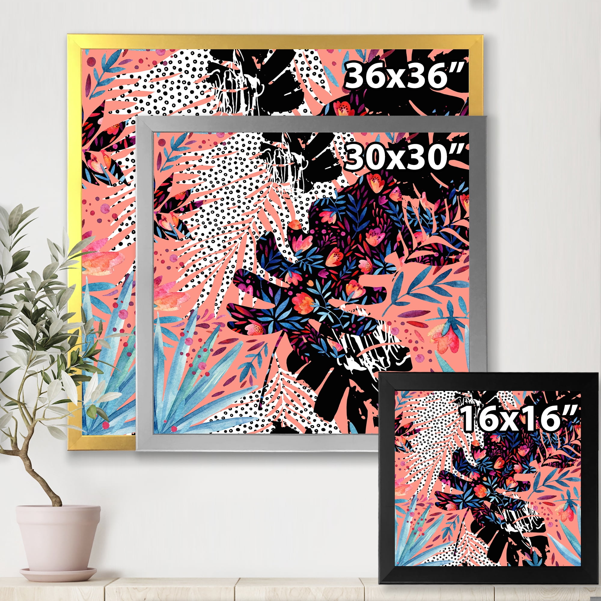 Designart 'Abstract Tropical Floral Patchwork II' Tropical Framed Art Print