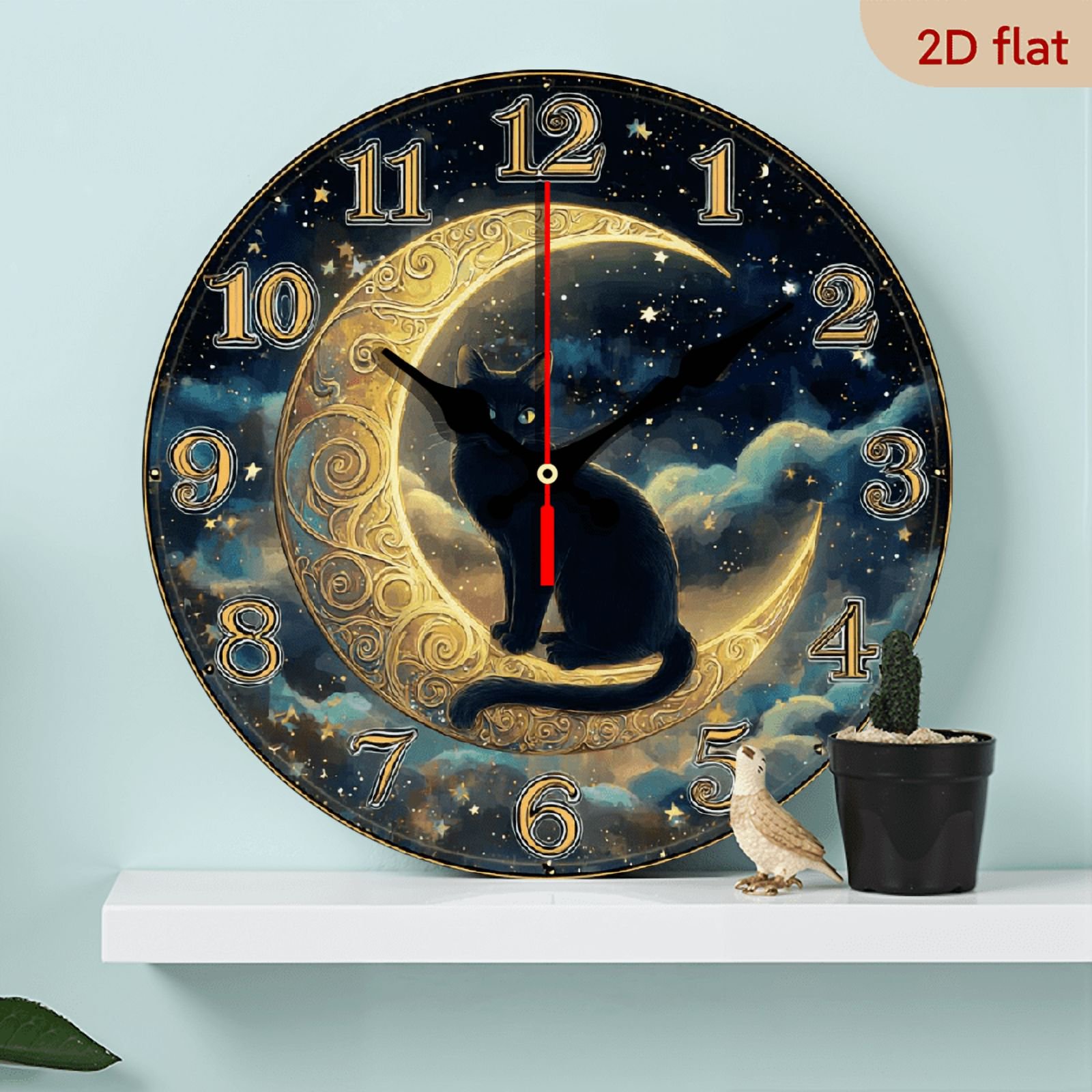 2D Flat 1pc 10Inch Wooden Enchanting Black Cat Starry Moon Wall Clock Silent, Battery Operated, Wooden Frame with Celestial Design for Living Room, Bedroom, Kitchen, Office Decor