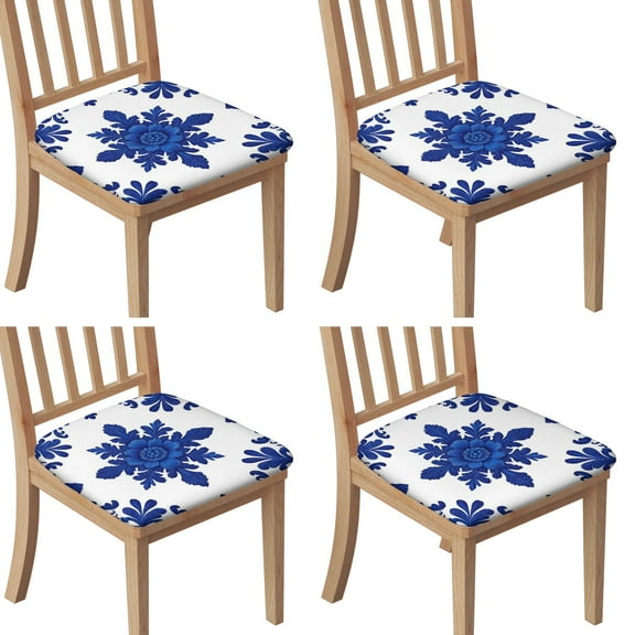 Blue and White Pioneer Flower Seat Covers for Dining Room Chairs Set Of 4,Stretch Printed Washable Chair Seat Cover with Elastic Ties and Button,Removable Waterproof Couch Cushion Covers