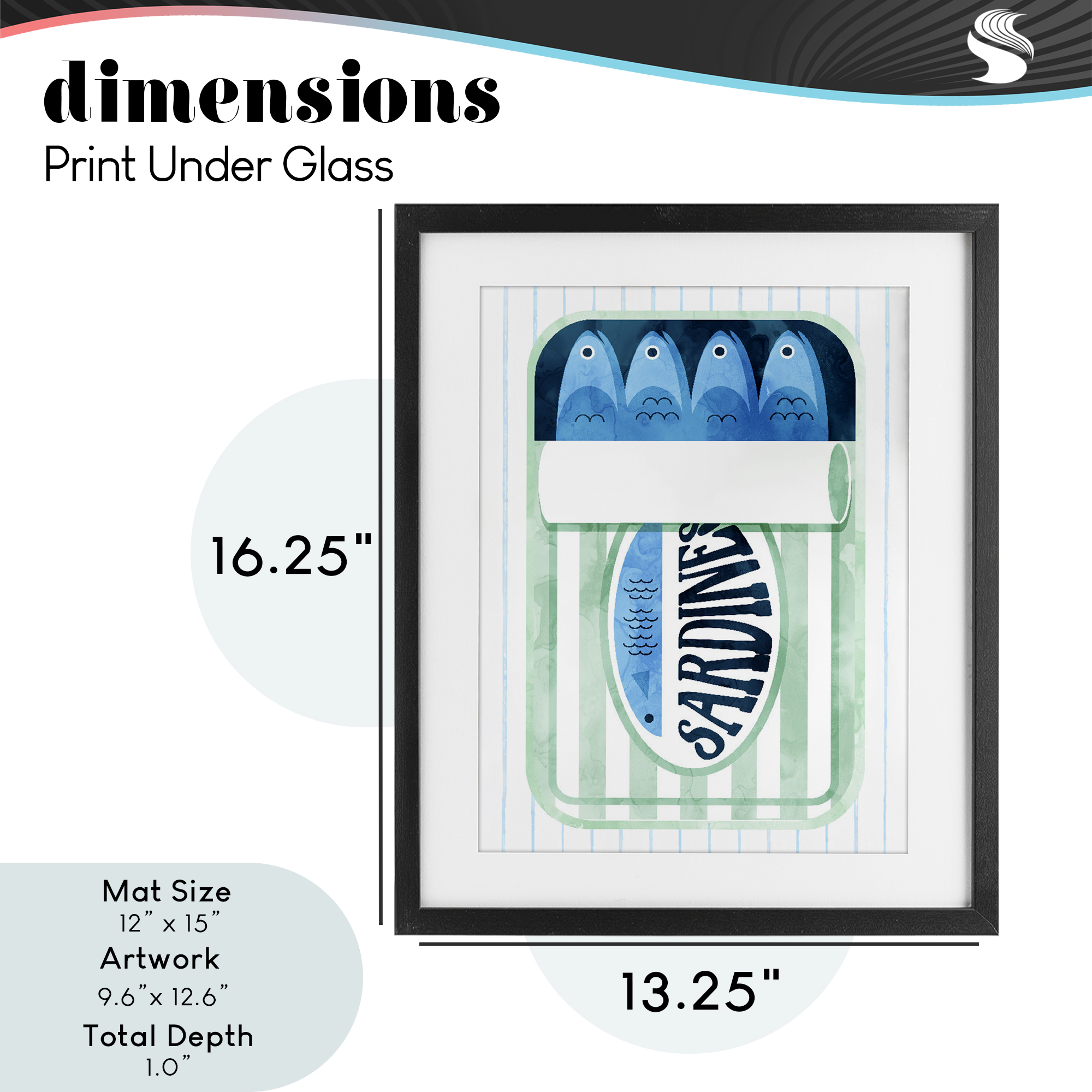Seafoam Sardine Tin over Stripes Black Framed Print Under Glass, design by Daphne Polselli
