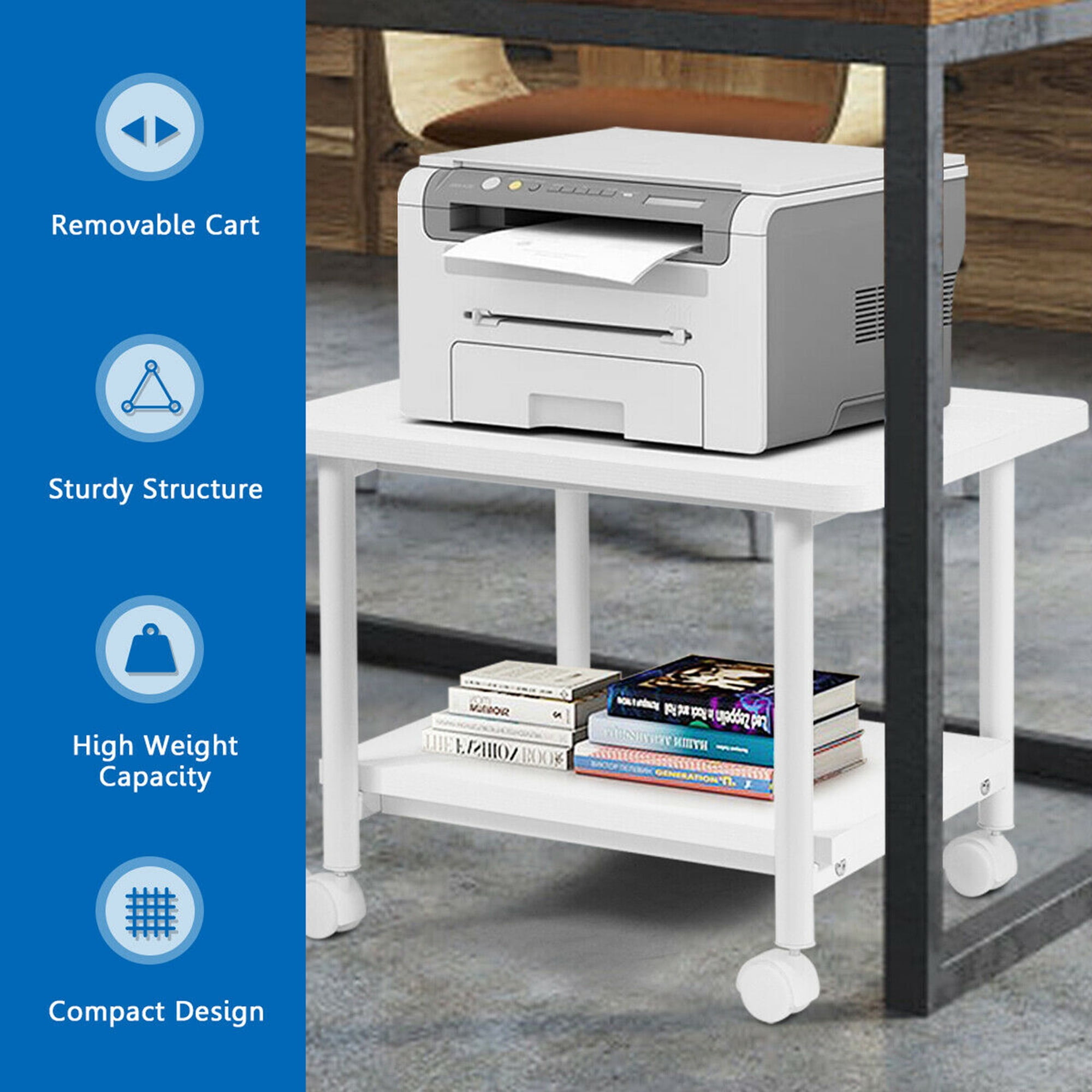 Gymax 2-Tier Machine Stand Storage Rack Rolling Under Desk Printer Cart White