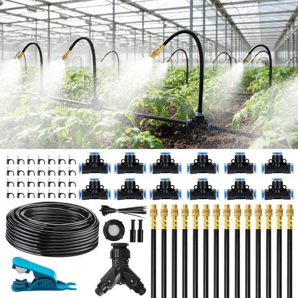 Kidsjoy 100ft Drip Irrigation Kit with 16 Adjustable Nozzles, Automatic Watering System for Raised Garden Beds, Lawn, Greenhouse & Farm
