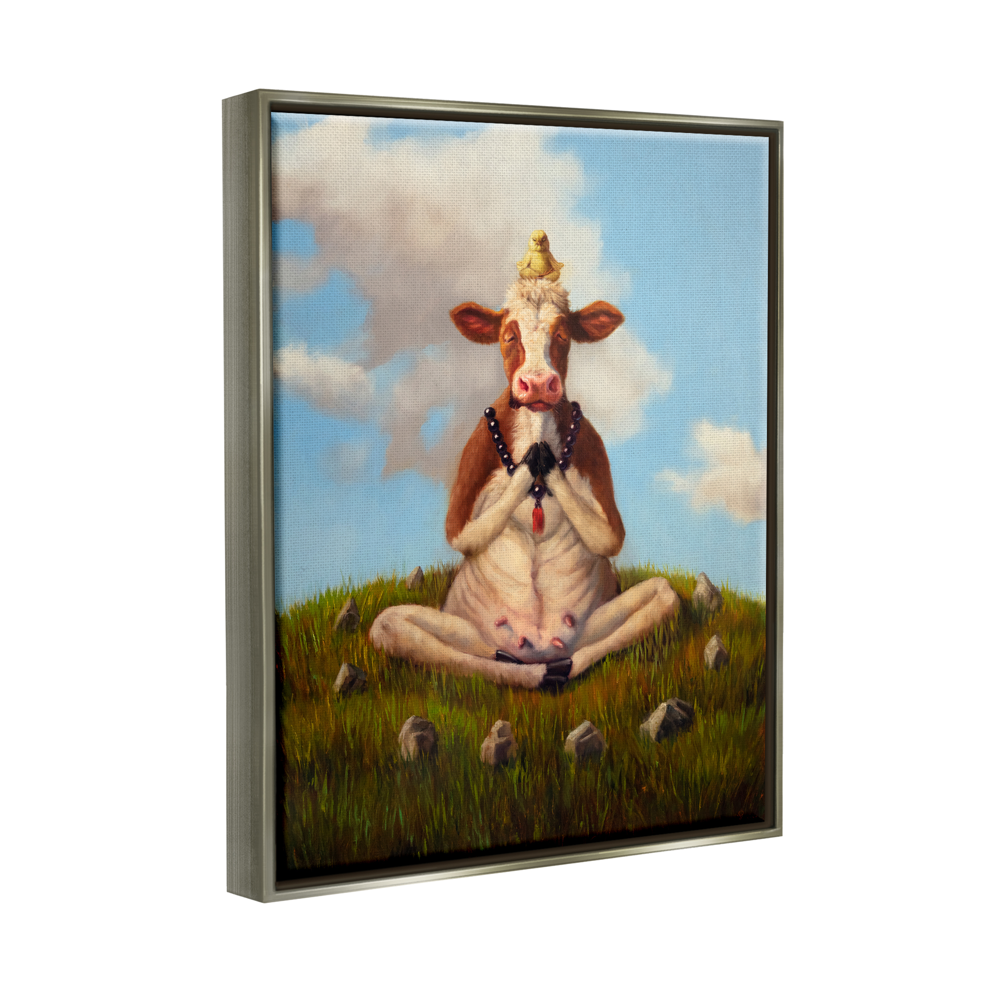 Stupell Industries Cow & Chick Meditating Animals & Insects Painting Gray Floater Framed Canvas Art Print Wall Art, 17 x 21